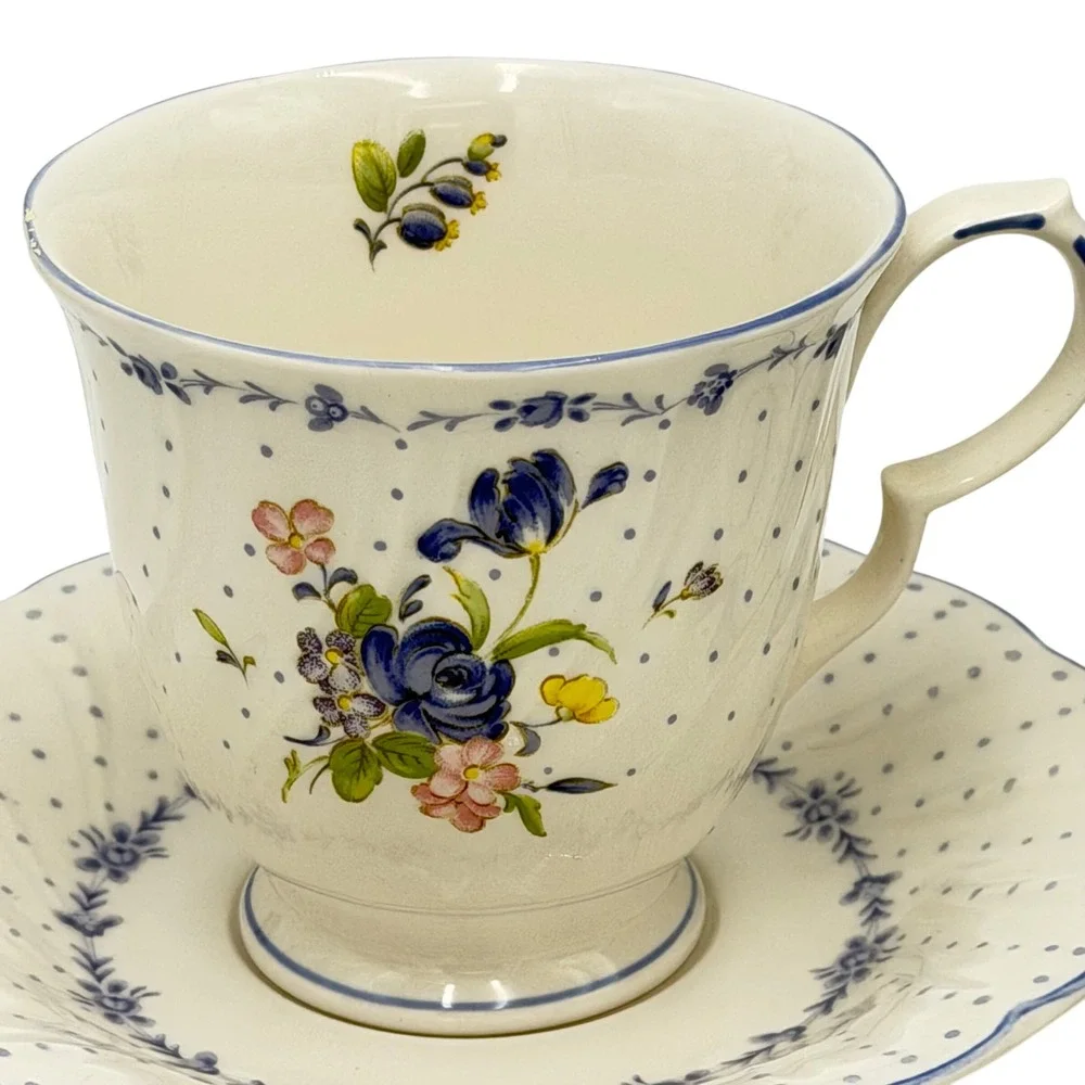 Vtg Nikko Blue Peony Floral Polka Dot Tea Cup and Saucer Swirl Set of 2 READ